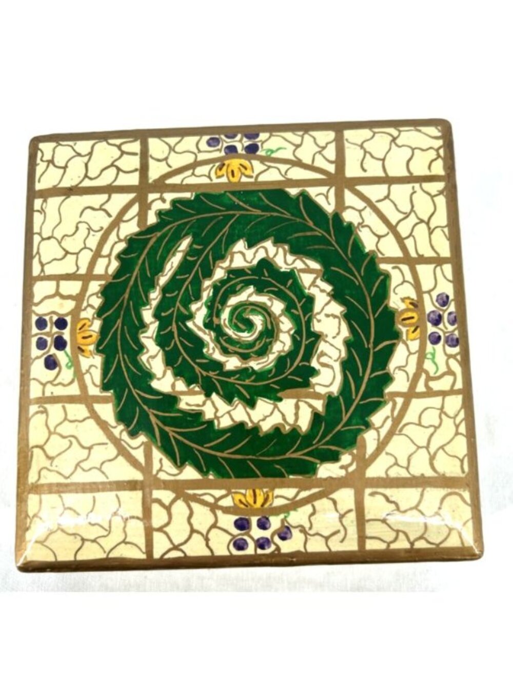India Coasters Hand Painted Lacquered Paper Mache 6 Coasters w/ Box